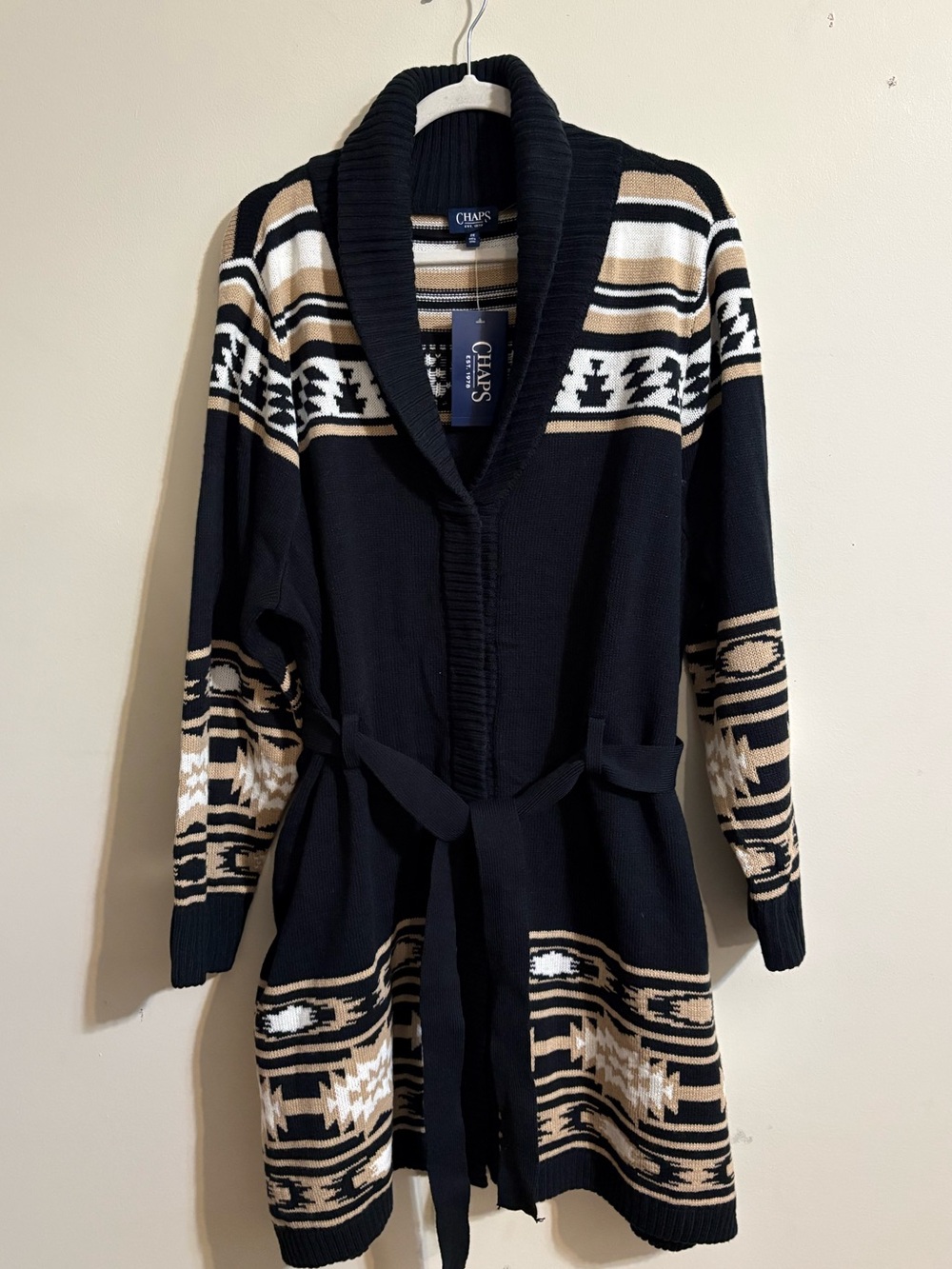 Chaps sweater women’s 2XL black tan Southwestern style belted long cardigan NWT - Picture 3 of 16